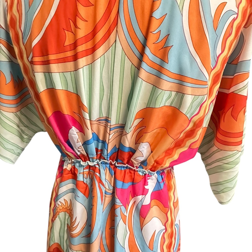 SHEIN Women's S Green Orange Abstract Print Kimono Sleeve Drawstring Maxi Dress - Picture 6 of 16
